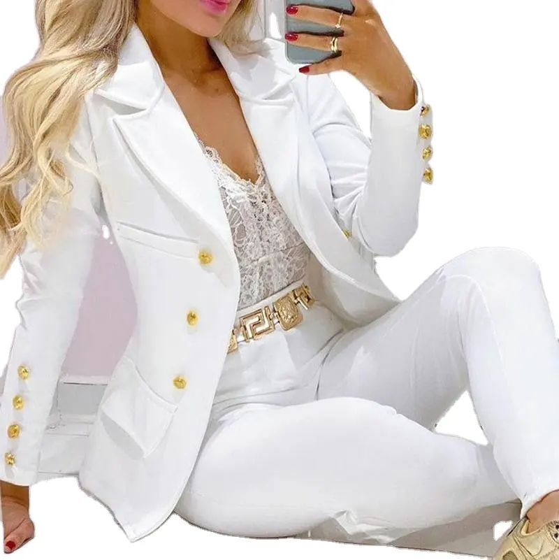 Sexy Solid Office Lady Two Piece Sets Spring Notched Collar Button Top Blazer and Long Pants Suit Autumn Long Sleeve Outfits