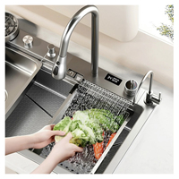 Robinet de cuisine multifonctionnel en acier inoxydable 304 avec écran numérique, sans MOQ, à extraction en cascade, noir nano, avec évier à cuve unique