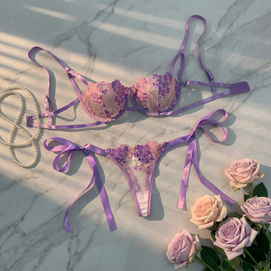 Women's Purple Floral Embroidery Lace Bra and Thong <b>Set</b> Semi Sheer Underwire Lingerie <b>Set</b> <b>Sexy</b> Two Piece Underwear <b>Set</b> - Product Image 3