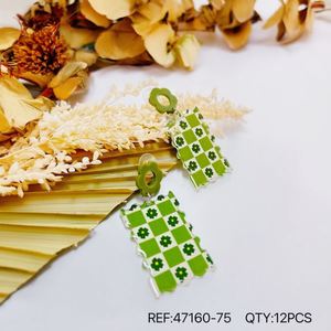 Orecchini Pendenti Verdi a Quadretti con Design Floreale, Gioielli alla Moda, Set Regalo Trendy in Resina Acrilica per Donne - Product Image 4