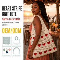 Sac fourre-tout en tricot à rayures cœur, cœurs rouges, maille ajourée ivoire, sac de plage coucher de soleil, personnalisable avec logo, faible MOQ, B2B