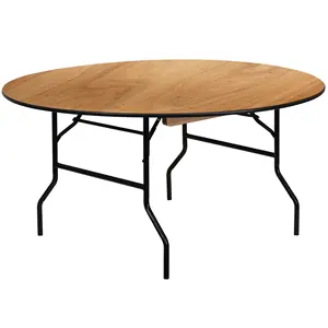 आउटडोर गोल प्लाईवुड फ़ोल्डिंग बैंक्वेट वेडिंग टेबल लकड़ी की पोर्टेबल डाइनिंग टेबल