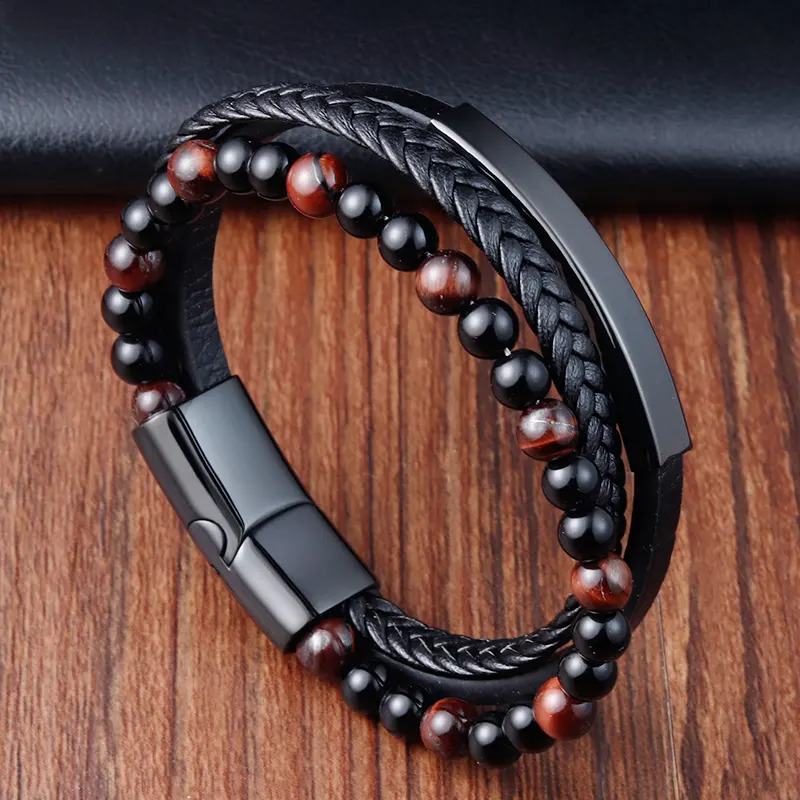 Male jewelry luxury black hand chain stainless steel beaded tiger eye Natural Lava Stone leather bracelet for men