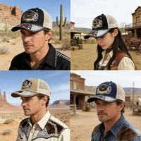 Gorra de vaquero personalizable con patrón metálico 3D de herradura, de lona de malla, estilo étnico occidental mexicano, única y a la moda, para exteriores y playa