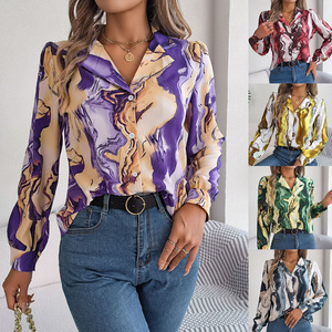 Penjualan terlaris 2021 blus & kemeja Wanita kaus kasual Eegance kerah setelan cetak kontras warna untuk wanita - Product Image 2