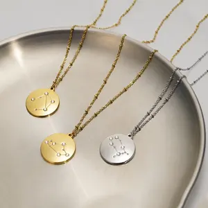 Kalung Besi Tahan Karat Berlapis Emas Perak, Kalung Medali Liontin Koin Bulat 12 Rasi Bintang Tanda Zodiak