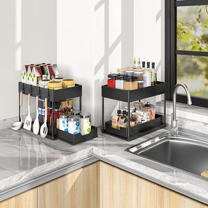 Supports de rangement pour la cuisine Organisateur de rangement <span class=keywords><strong>à</strong></span> 2 couches Noir coulissant sous l'évier Support de rangement extensible Séchoir <span class=keywords><strong>à</strong></span> <span class=keywords><strong>linge</strong></span> - Product Image 3