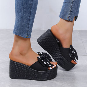 Zapatillas de tacón de cuña para mujer, versión coreana, con lazo de mariposa y flor, tacones altos, modelo A-1, zapatos de mujer que aumentan la altura, zapatillas modernas - Product Image 3