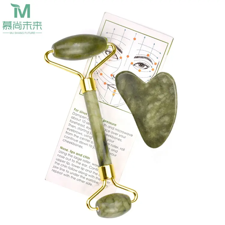 Mushagn Pierre de Jade Verte Naturelle de Haute Qualité Outils de Massage Facial Marque Privée Rouleau de Jade Xiuyan et Ensemble Gua Sha