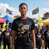 Camiseta de poliéster para las elecciones de Sudáfrica 2026 con estampado de rostro votando, mapa colorido y líneas radiantes, camiseta negra de alto rendimiento