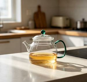 Théière en verre OEM en gros avec poignée colorée, carafe et bouilloire en verre résistant à <span class=keywords><strong>la</strong></span> chaleur pour <span class=keywords><strong>la</strong></span> consommation quotidienne au bureau et en cuisine - Product Image 1