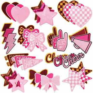 Patchs thermocollants brodés rose pour le cheerleading et les jours de match, avec motifs étoile, nœud, mégaphone, style preppy, pour équipes de cheerleading sportives féminines - Product Image 1