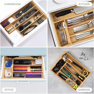 Extensible Natural Bamboo Kitchen Drawer Cutlery Tray Wooden Knife Fork Compartment Bamboo Storage Container Box