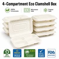 Boîte à lunch écologique à 4 compartiments en amidon de maïs 1100 ml, biodégradable, jetable, anti-fuite, micro-ondable, de qualité alimentaire, sans BPA, sans PFAS