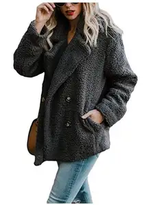Elegan Bulu Imitasi Mantel Wanita Musim Gugur Musim Dingin Hangat Lembut Tombol Bulu Jaket Wanita Mewah Mantel Kasual Saku Pakaian
