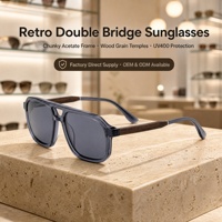 Lunettes de soleil en acétate à double pont pour hommes, style pilote rétro, monture carrée, branches effet bois, protection UV400, vente en gros OEM