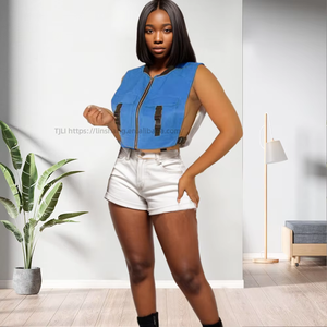 Chaleco sin mangas con estampado de camuflaje de color liso para mujer, con cuello redondo y cremalleras, Sehefashion - Product Image 4