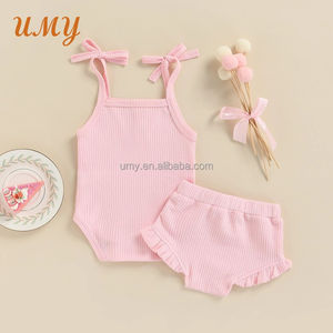 Ensembles de vêtements pour bébé fille d'été 100% coton côtelé Style décontracté Manches courtes Sans manches Combinaison et robe pour tout-petits pour temps chaud - Product Image 3