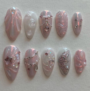 Ongles artificiels 3D rose sirène, forme amande, avec décorations étoiles, coquillages et strass, réutilisables, pour femmes - Product Image 1