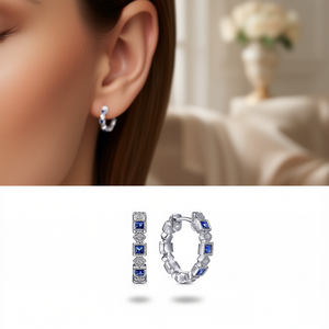 Pendientes Huggie de Oro Blanco con Zafiro y Diamantes de Corte Princesa, Diseño Geométrico con Engaste de Bisel, para Uso Diario de Mujer, Clásicos - Product Image 2