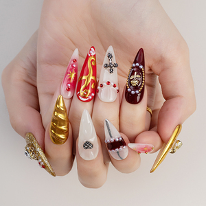 2025 lujo oro <span class=keywords><strong>rosa</strong></span> largo Stiletto hecho a mano acrílico prensa <span class=keywords><strong>uñas</strong></span> de alta calidad <span class=keywords><strong>uñas</strong></span> postizas para aplicación de dedos nuevo - Product Image 5