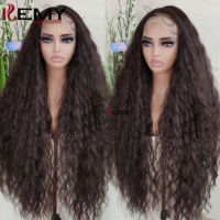 KEMY Wig sintetis biru 13x6 renda depan tanpa lem kualitas tinggi dengan renda transparan rambut bergelombang panjang Super bergelombang untuk wanita