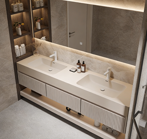 Luxury double layer rock slab bathroom vanity with double sink large smart illuminated <b>mirror</b> cabinet - Product Image 2