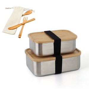 Eco Friendly Wooden Lid 304 Stainless Steel Rectangle Food Storage Box Metal Bento Lunch Box With Cutlery Set