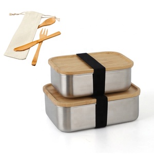 Rectangle Food Storage Box Metal Bento Lunch Box with Cutlery Set Eco Friendly Wooden Lid 304 Stainless Steel Food Container XSY