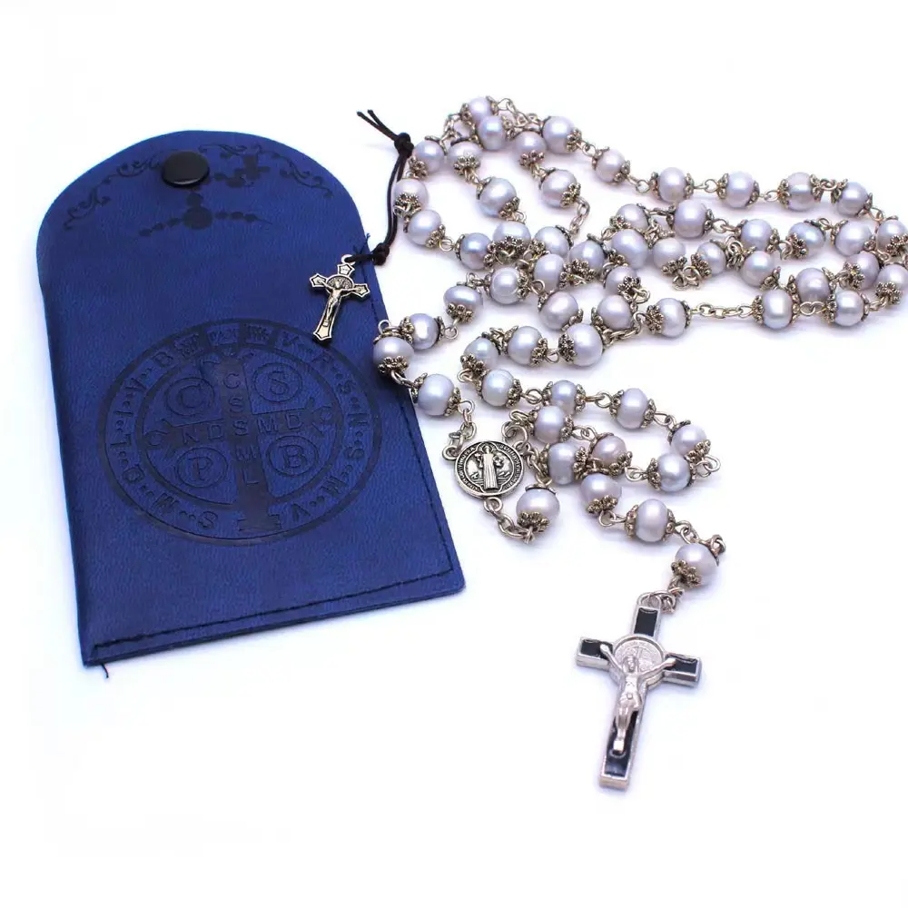 カスタム本物のパールビーズロザリオネックレスパールネックレスレザーバッグ付きカトリックの祈りパールネックレス