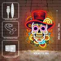 Insegna al Neon Teschio di Zucchero per il Giorno dei Morti, Luce da Parete a LED con Cappello Messicano, Dimmerabile, Stampa UV, Decorazione per Feste di Halloween, Alimentazione USB, Decorazione per Bar