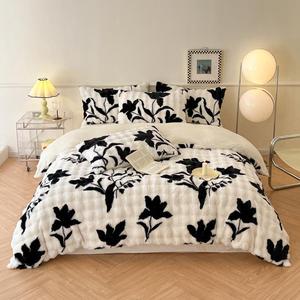 Set di piumino da 4 pezzi Set di quattro pezzi in tessuto tessile per la casa Set di biancheria da letto in velluto di latte bianco stampato <span class=keywords><strong>nero</strong></span> - Product Image 1