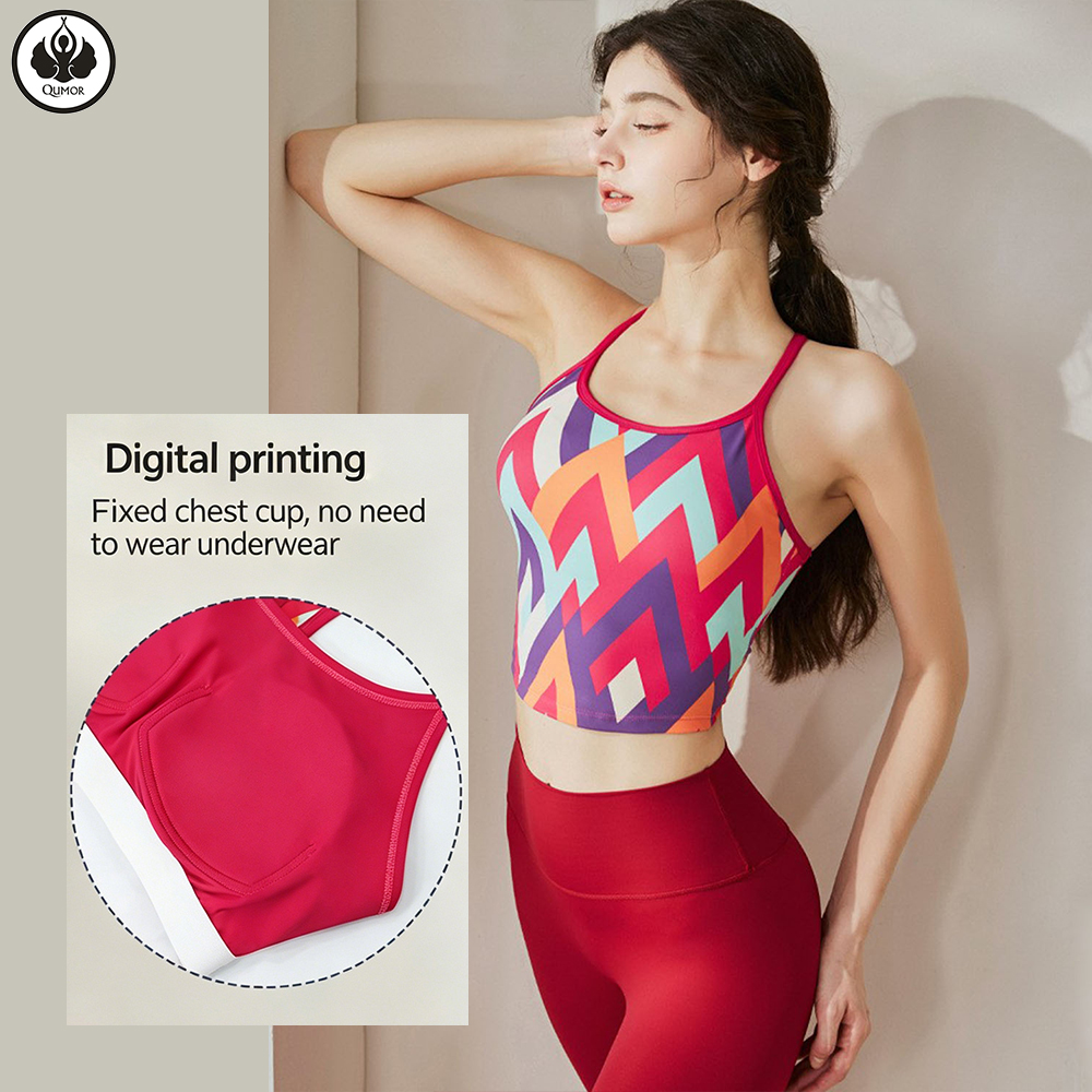 QUMOR Wholesale Digital Printed Stretchy Backless Cropped Tank Top Sport Bra U-Neck Racerback Front Light Support Yoga Active