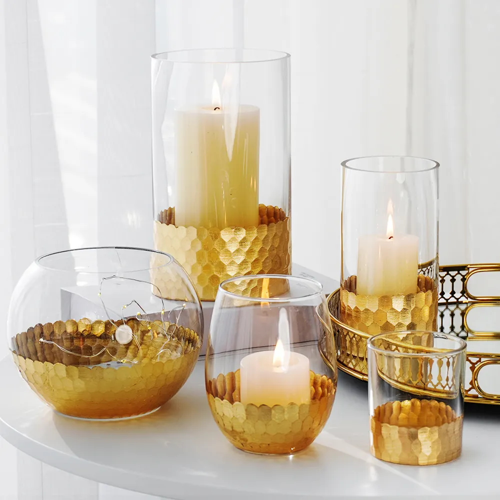 Suporte de vela votivo europeu para velas, suporte de vidro transparente vintage com fundo dourado e atmosfera, ideal para ocasiões
