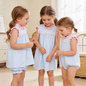 Conjuntos de Ropa para Hermanas, Vestidos Azules a Cuadros para Niñas con Volantes Rosas, Conjunto de Ropa de Verano sin Mangas para Niñas - Product Image 2