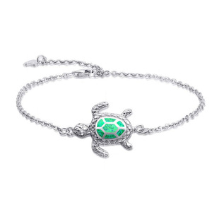 Tobillera personalizable de Plata de Ley 925, joyería de playa, brazalete con cadena de ópalo de fuego y tortuga marina - Product Image 4