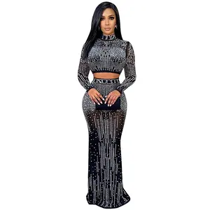 Sexy Club Elegant Mesh Sequined Gowns See Through Rhinestone Long Dress Tops and Skirt Set 2 Piece Set Party Women Skirt