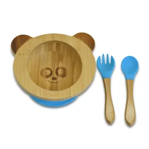 Biodegradable Panda Shape Kids Bamboo Tableware Set Wooden Suction Baby Bowl with Silicone Suction Spoon Fork