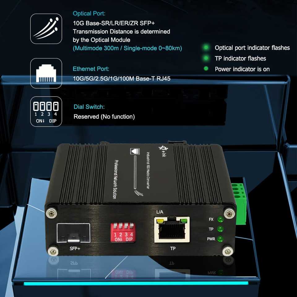 Industrial 10G SFP+ Media Converter for Multi-Gigabit Copper to Fiber with DIN-Rail Mount