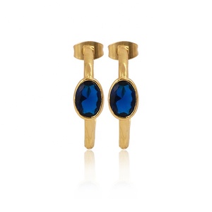 Dainty Gold Plated Hoop <b>Stud</b> <b>Earrings</b> Handmade Brass Jewelry with Faceted Cut Chalcedony Iolite Push Back Statement <b>Earrings</b> - Product Image 1