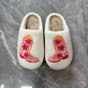 Sandal bulu untuk wanita, sandal wanita berbulu rumah musim dingin bordir bintang, sepatu bot koboi wajah kecil jamur untuk wanita