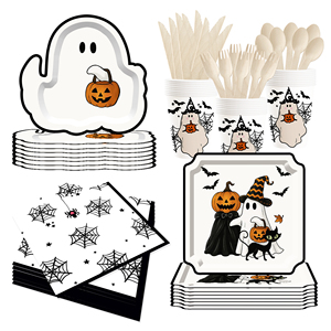 DAMAI Happy White Halloween Paper Plates Set Halloween Theme Party Decorations Paper Plates Cups Napkins for Halloween Party - Product Image 4