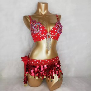 Samba buikdanskostuum met de hand bewerkte turquoise en rode kleur topbeha en heupsjaalriem 2 STKS / SET - Product Image 3