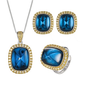 Fashion Jewelry Eco-friendly Copper 12*16/10*12mm Sugar Cubic Zirconia Gold Plated Necklace <b>Set</b> With Blue Stones for Women - Product Image 1