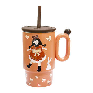 Ceramic <b>Straw</b> Mug <b>With</b> <b>Lid</b> <b>And</b> Handle Cartoon Design For Girls Gift <b>Cup</b> Orange Red Color Single <b>Cup</b> - Product Image 1