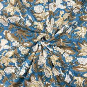 Blue Floral Block <b>Print</b> Cotton Voile Fabric 44 Inch HandDyed Indian <b>Botanical</b> Cotton Textile Soft Lightweight Dress Material - Product Image 5