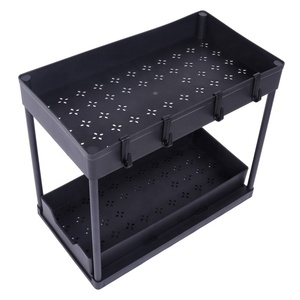 Rak Penyimpanan Serbaguna 2 Tingkat Geser di Bawah Kabinet untuk Dapur dan Kamar Mandi dengan Gantungan Cangkir - Product Image 4