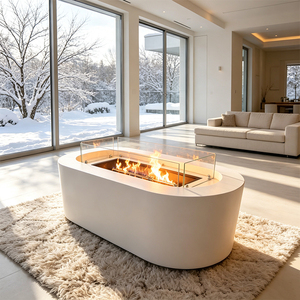 Brasero d'intérieur moderne au bioéthanol, autoportant, ovale, en acier inoxydable blanc thermolaqué avec verre de foyer, design écologique - Product Image 1