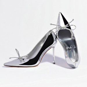 <b>Large</b> Size 46 Women Pointed Toe Solid Shoes High Thin Heels Silver Patent Sandals Dress Stiletto Wide Feet Front <b>Bow</b> Pumps - Product Image 3