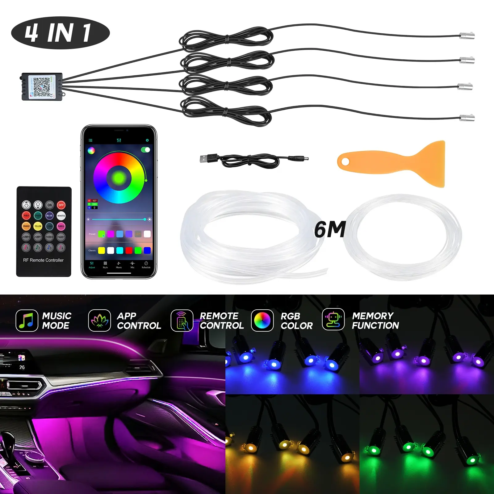 Bevinsee 6m LED Interior mobil dalam serat optik kontrol aplikasi USB 4in1 Strip Light Kit untuk VW T4 T5 T6